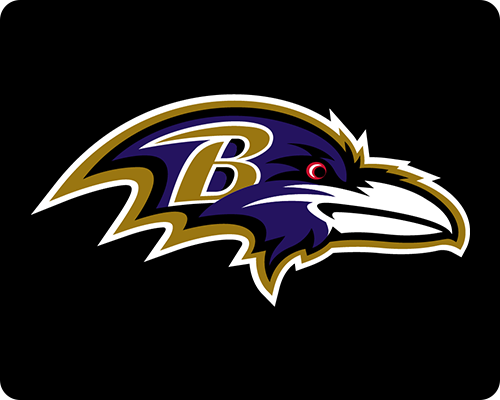 Profile of a fierce purple raven’s head with a gold outline and a bold letter “B” on its head, set against a black background.