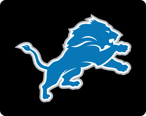 Blue lion in mid-leap, outlined in silver, on a white background.