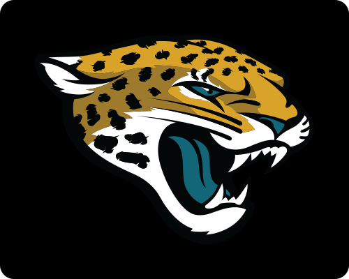 Fierce jaguar head with gold and black spots, bared teeth, and teal tongue, on a black background.
