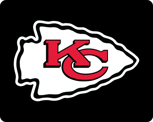 White arrowhead shape outlined in black with red “KC” lettering, on a white background.