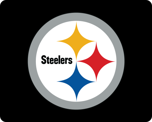 White circle with the word “Steelers” and three diamond-shaped stars in yellow, red, and blue, on a gray background.
