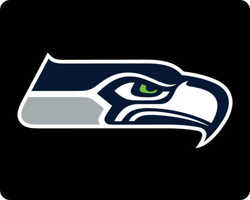Blue and gray profile of a stylized hawk head with a green eye, on a white background.
