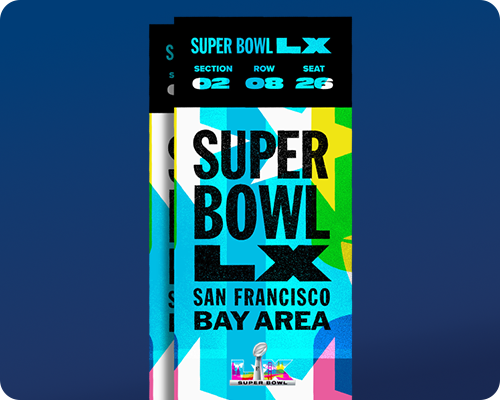 Image of a vibrant Super Bowl LX ticket with bold "Super Bowl LX San Francisco Bay Area" text and colorful geometric graphics, representing the grand prize trip to Super Bowl LX.