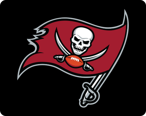 Red pirate flag with a white skull and crossed swords, attached to a gray pole with a football, on a white background.