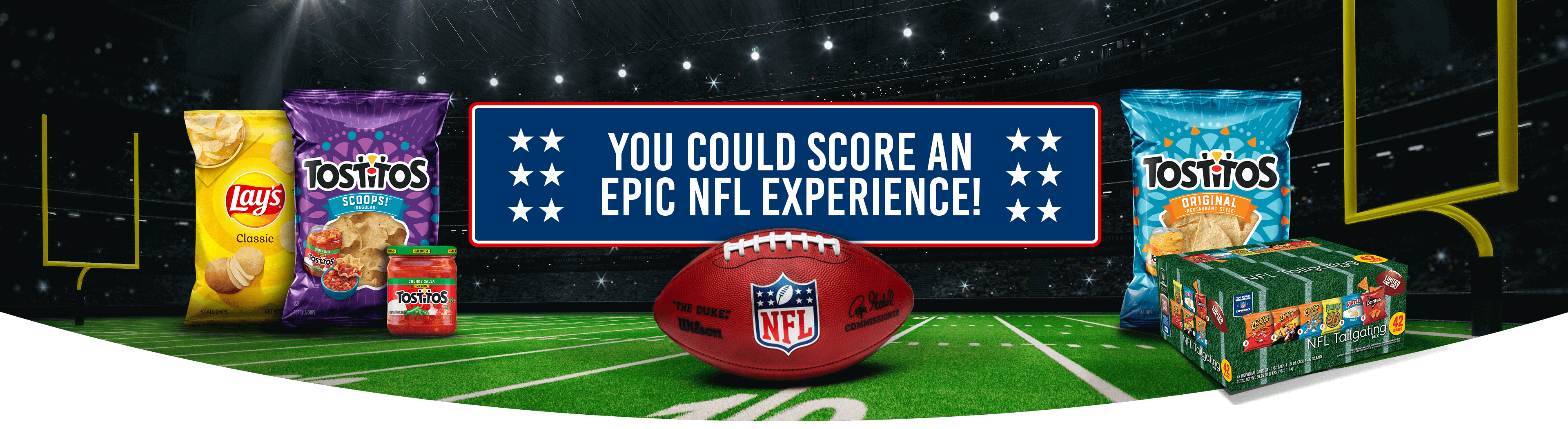 Frito-Lay NFL Experiences Sweepstakes homepage featuring Tostitos, Lay’s, and Frito-Lay logos, NFL logo, and social media logos for Facebook, Instagram, TikTok, and X. The page shows Tostitos and Lay’s snacks on a football field, a headline promoting an epic NFL experience, an entry form for email address, and images of a Super Bowl ticket, NFL Shop gift card, and other prize details