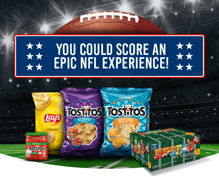 Frito-Lay NFL Experiences Sweepstakes homepage featuring Tostitos, Lay’s, and Frito-Lay logos, NFL logo, and social media logos for Facebook, Instagram, TikTok, and X. The page shows Tostitos and Lay’s snacks on a football field, a headline promoting an epic NFL experience, an entry form for email address, and images of a Super Bowl ticket, NFL Shop gift card, and other prize details