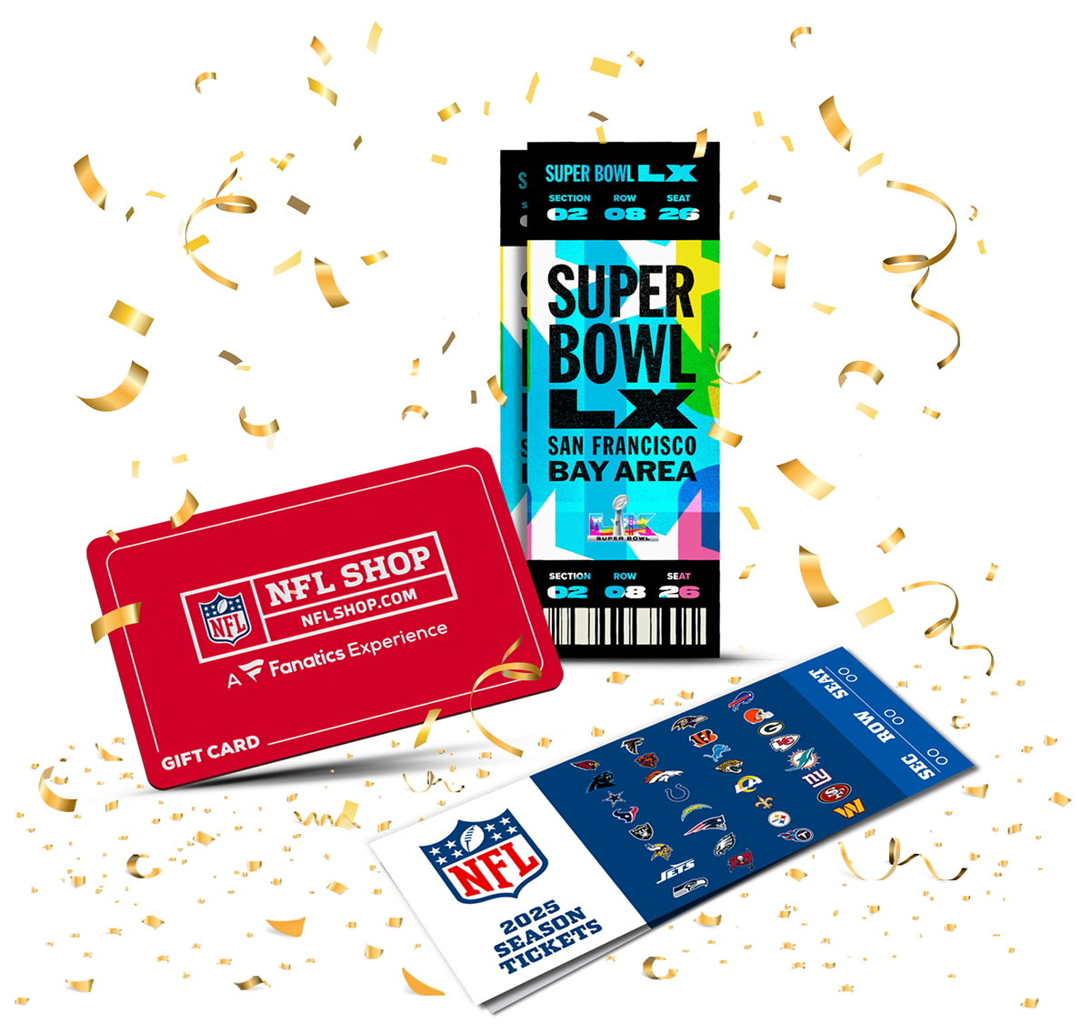 Image of a vibrant Super Bowl LX ticket with bold "Super Bowl LX San Francisco Bay Area" text and colorful geometric graphics, representing the grand prize trip to Super Bowl LX.
